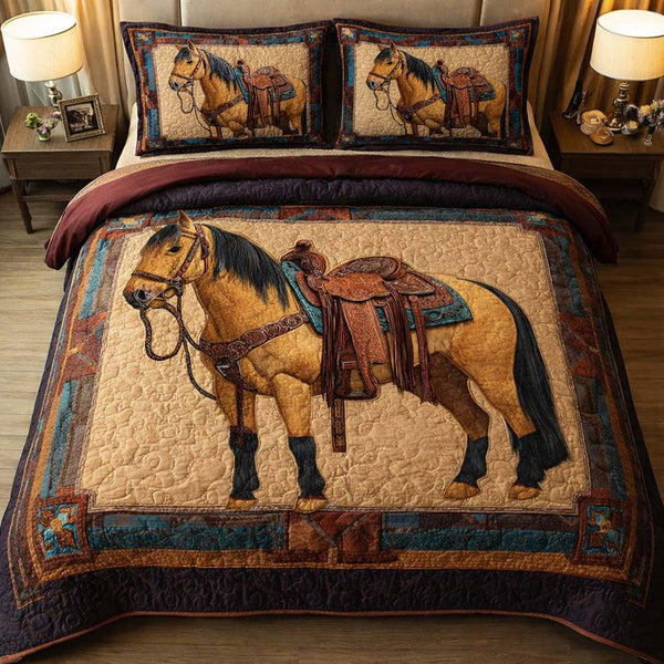 Saddled Stallion quilted 3-piece bedding set on a made bed in a rustic timber bedroom