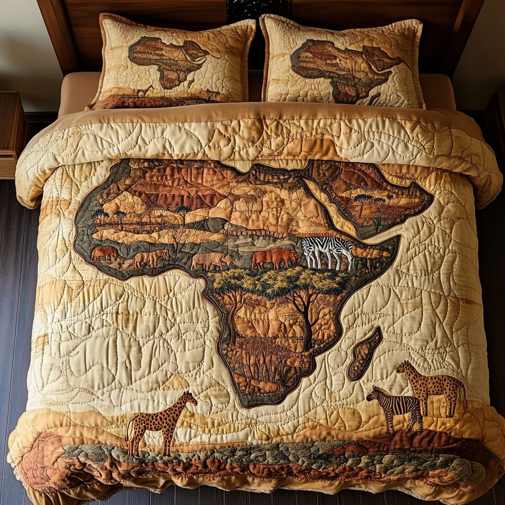 Safari Dream quilted 3-piece bedding set on a made bed with two matching pillow shams