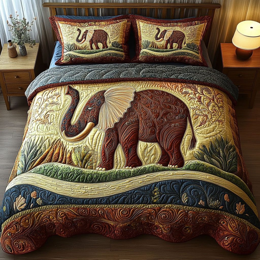 Safari Elegance quilted 3-piece bedding set on a made bed with two matching pillow shams