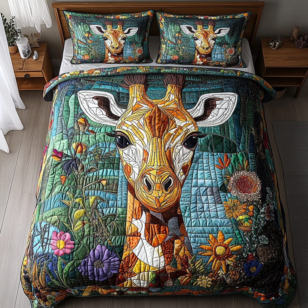 Safari Grace quilted 3-piece bedding set on a made bed with two matching pillow shams