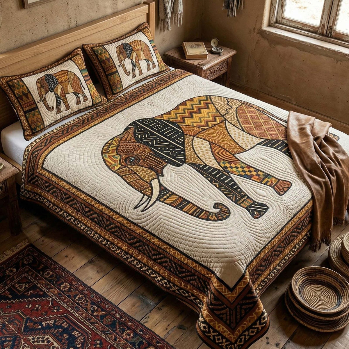 Safari Patch quilted 3-piece bedding set on a made bed with two matching pillow shams