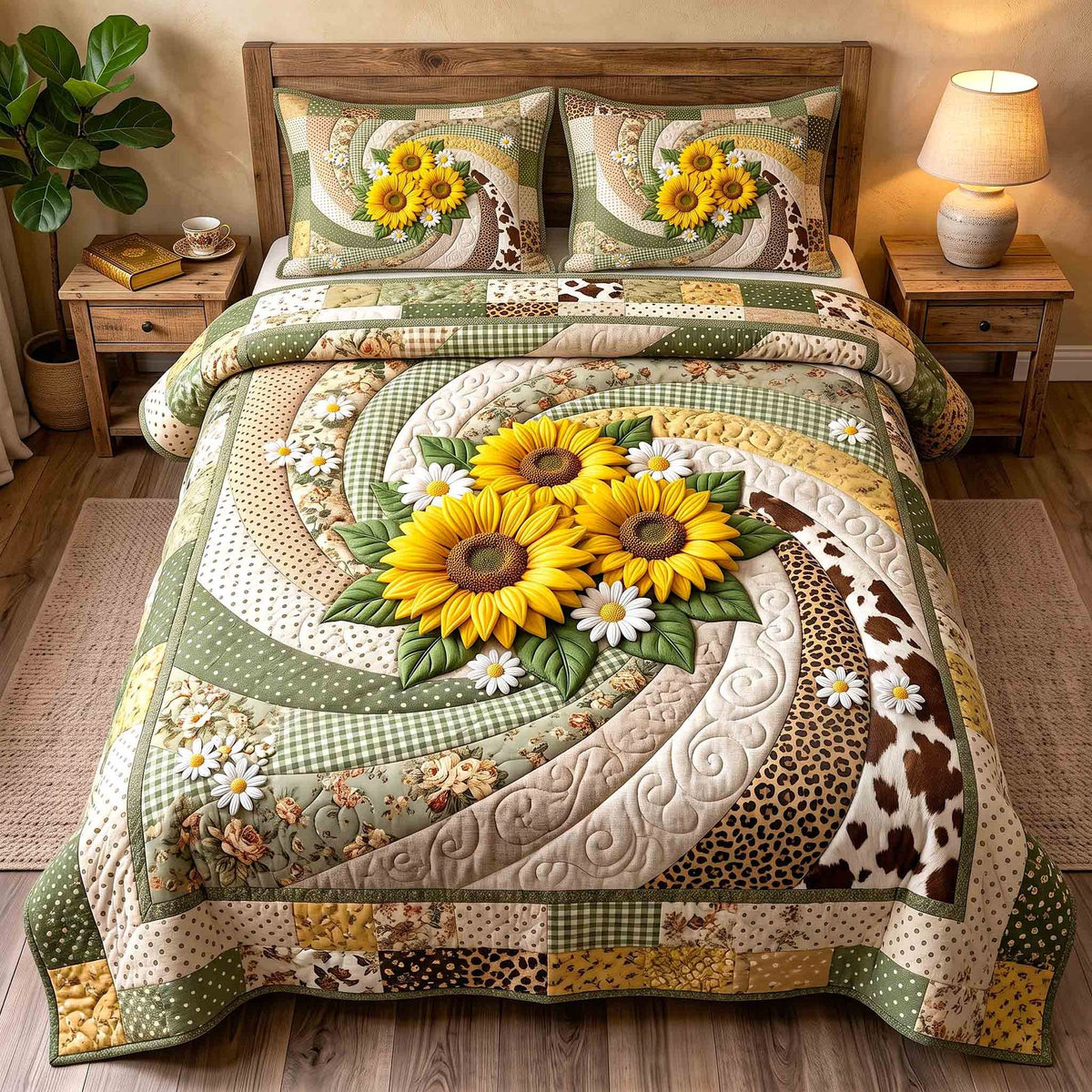 Safari Sunflower quilted 3-piece bedding set on a made bed with two matching pillow shams