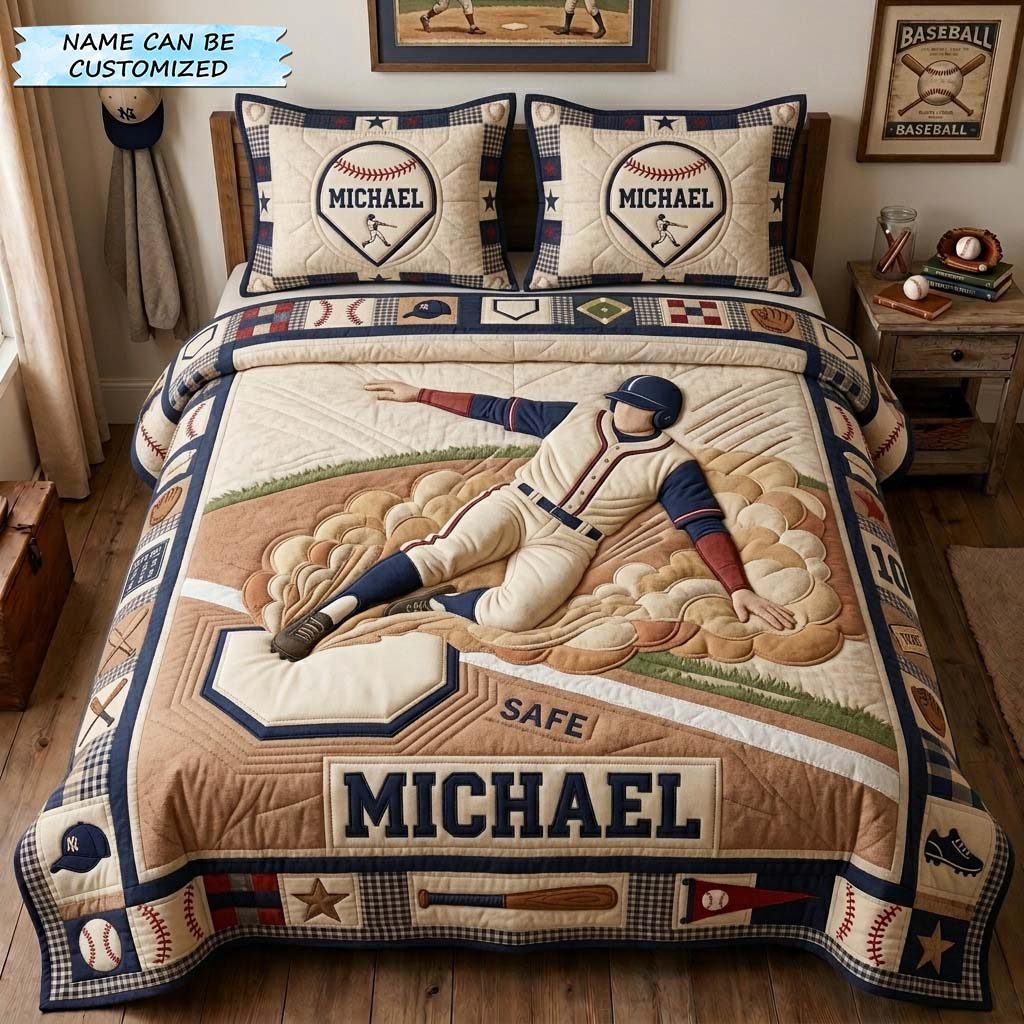 Safe Slide 3-Piece Quilted Bedding Set QTCUZ quilted 3-piece bedding set on a made bed with two matching pillow shams