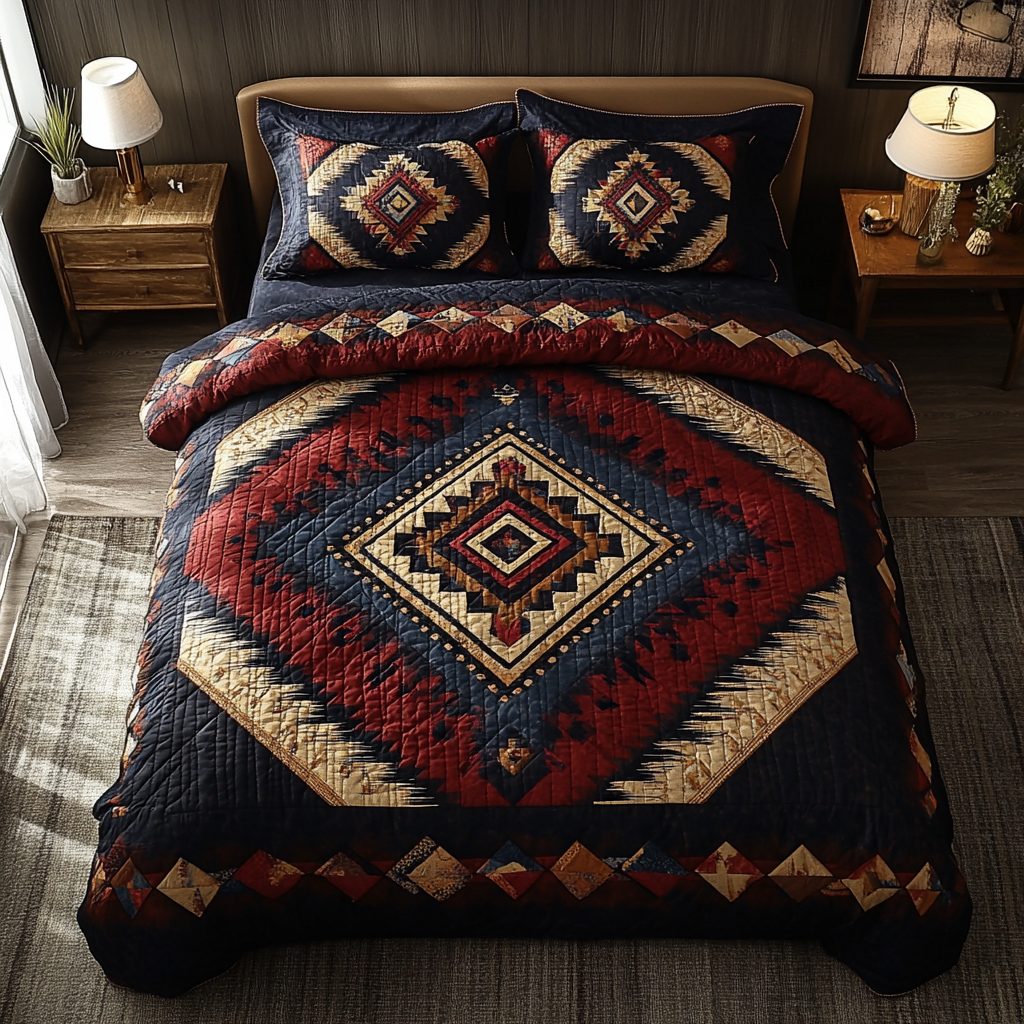 Sage And Sand quilted 3-piece bedding set on a made bed with two matching pillow shams