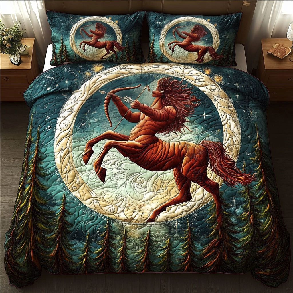 Sagittarius Spirit quilted 3-piece bedding set on a made bed with two matching pillow shams