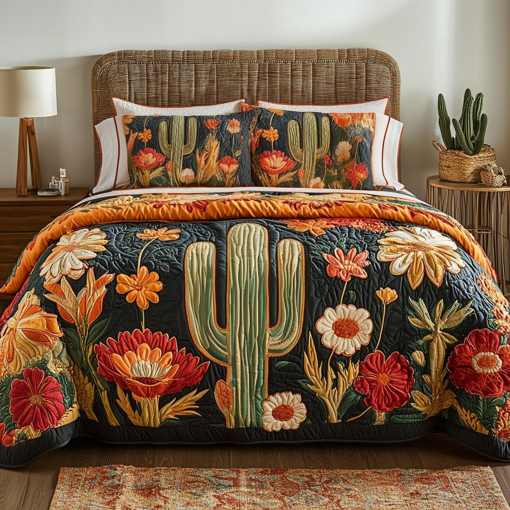 Saguaro Bloom quilted 3-piece bedding set on a made bed with two matching pillow shams