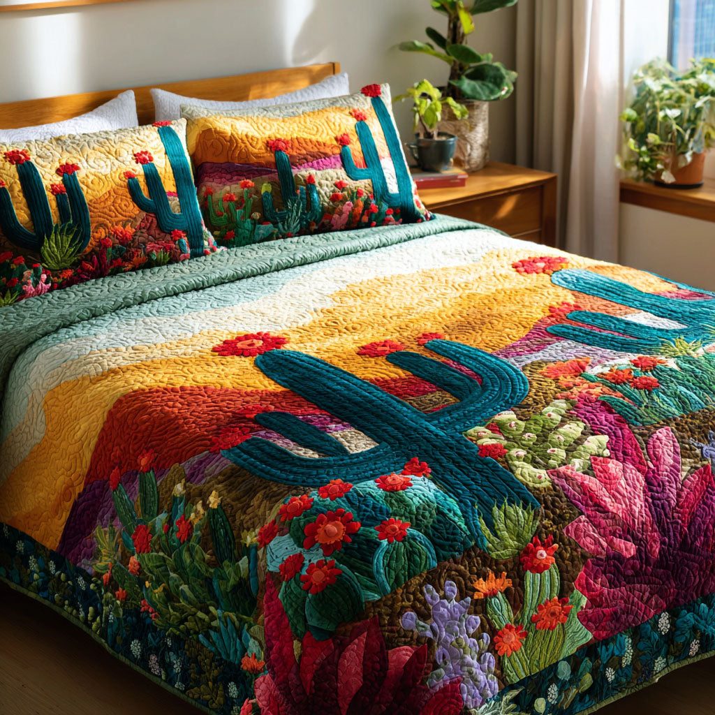 Saguaro Dream quilted 3-piece bedding set on a made bed with two matching pillow shams