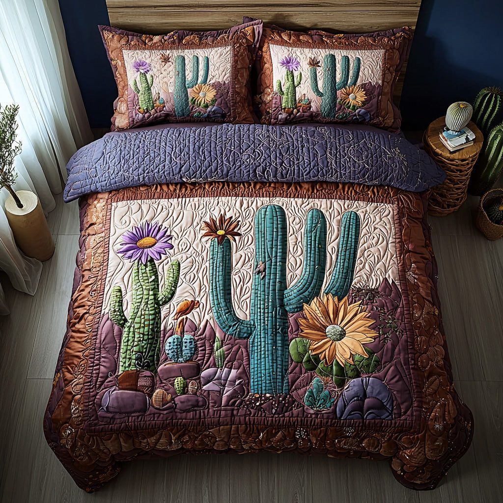 Saguaro Dream quilted 3-piece bedding set on a made bed with two matching pillow shams