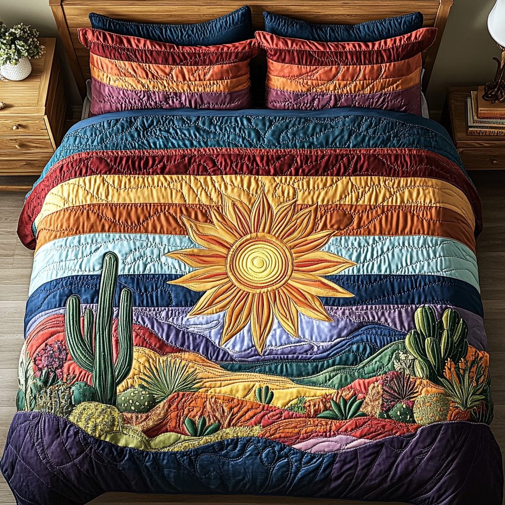 Saguaro Dreams quilted 3-piece bedding set on a made bed with two matching pillow shams