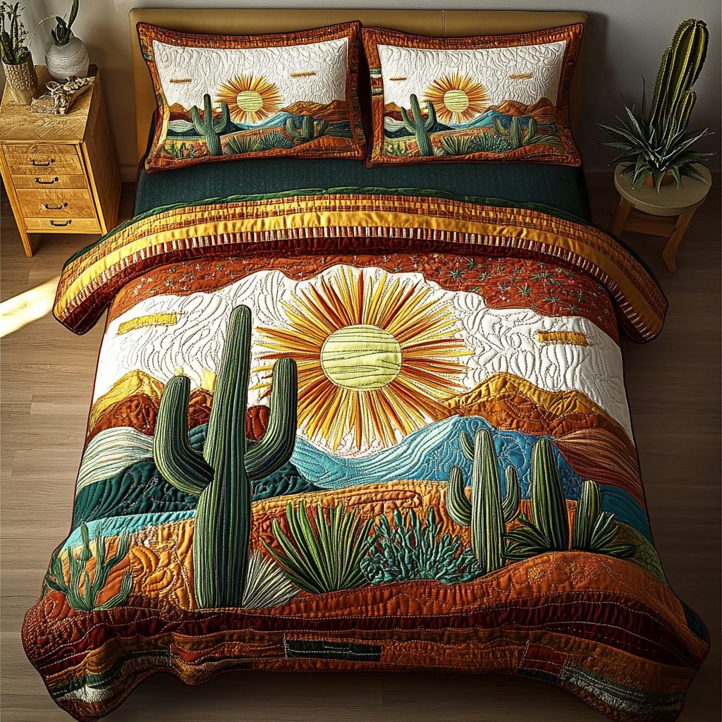 Saguaro Sunset quilted 3-piece bedding set on a made bed with two matching pillow shams