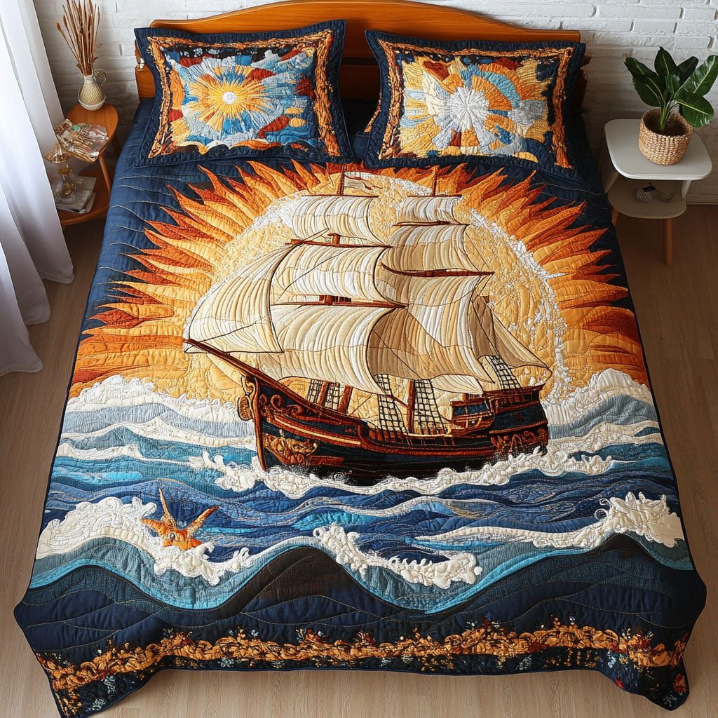Sail Away Bliss quilted 3-piece bedding set on a made bed in a light coastal bedroom