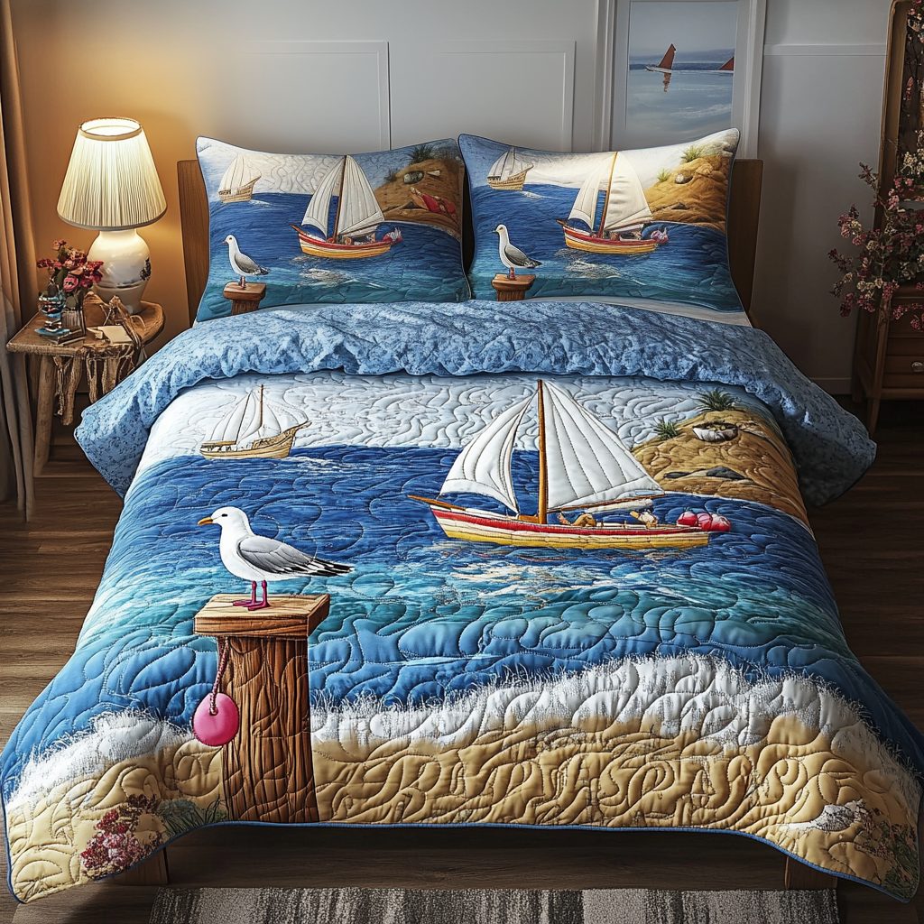 Sail Away quilted 3-piece bedding set on a made bed in a light coastal bedroom