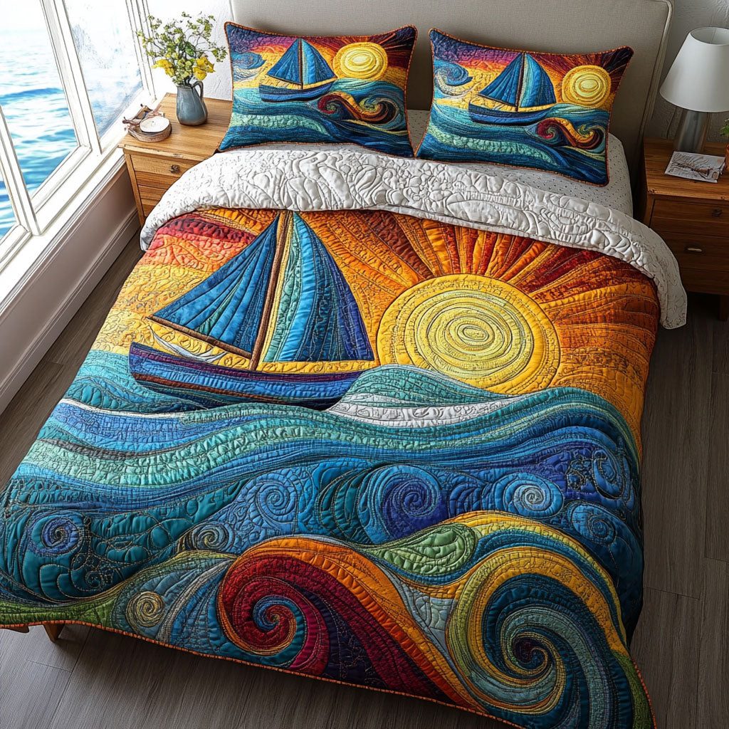 Sail Into the Sunset quilted 3-piece bedding set on a made bed in a light coastal bedroom