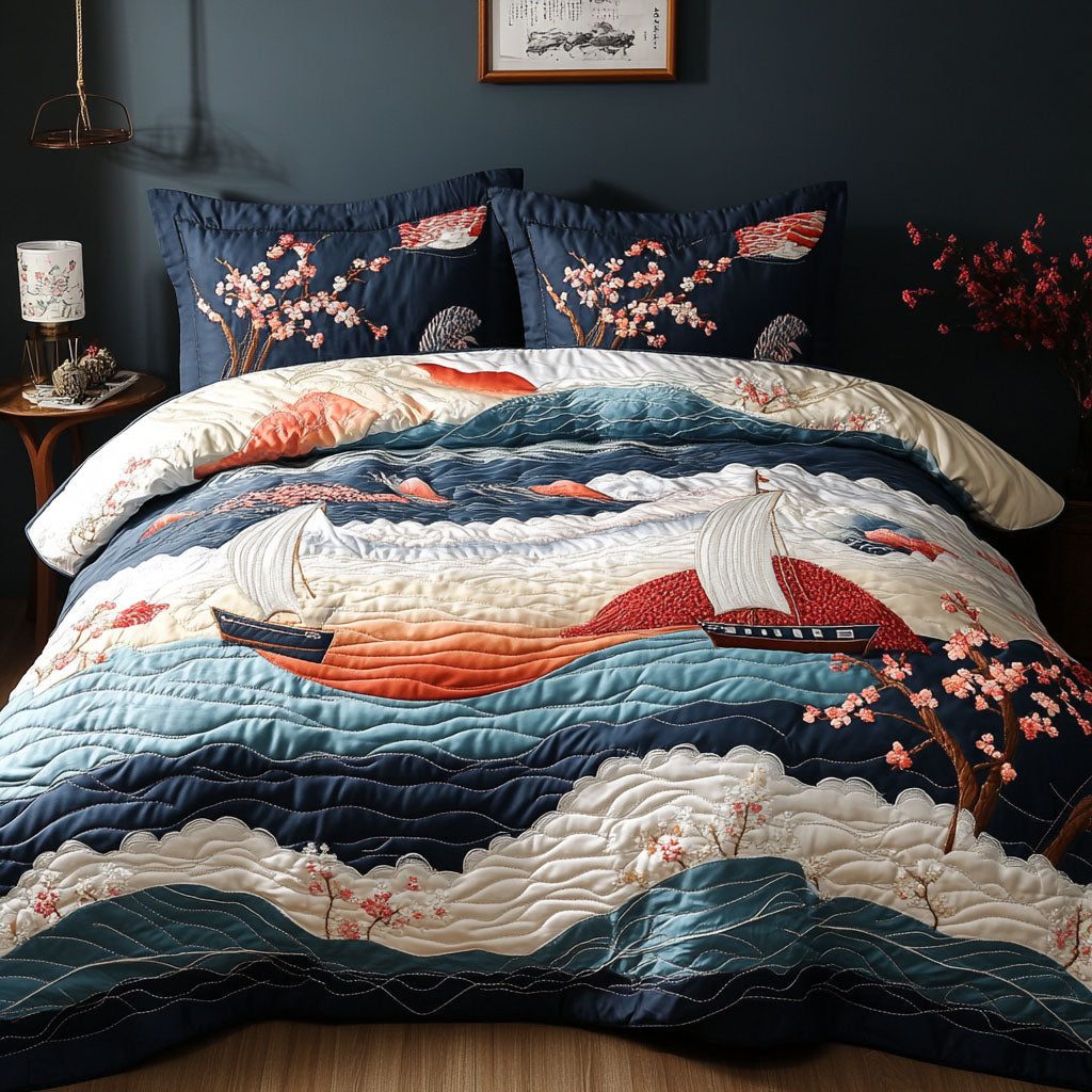 Sail of Spring quilted 3-piece bedding set on a made bed in a light coastal bedroom