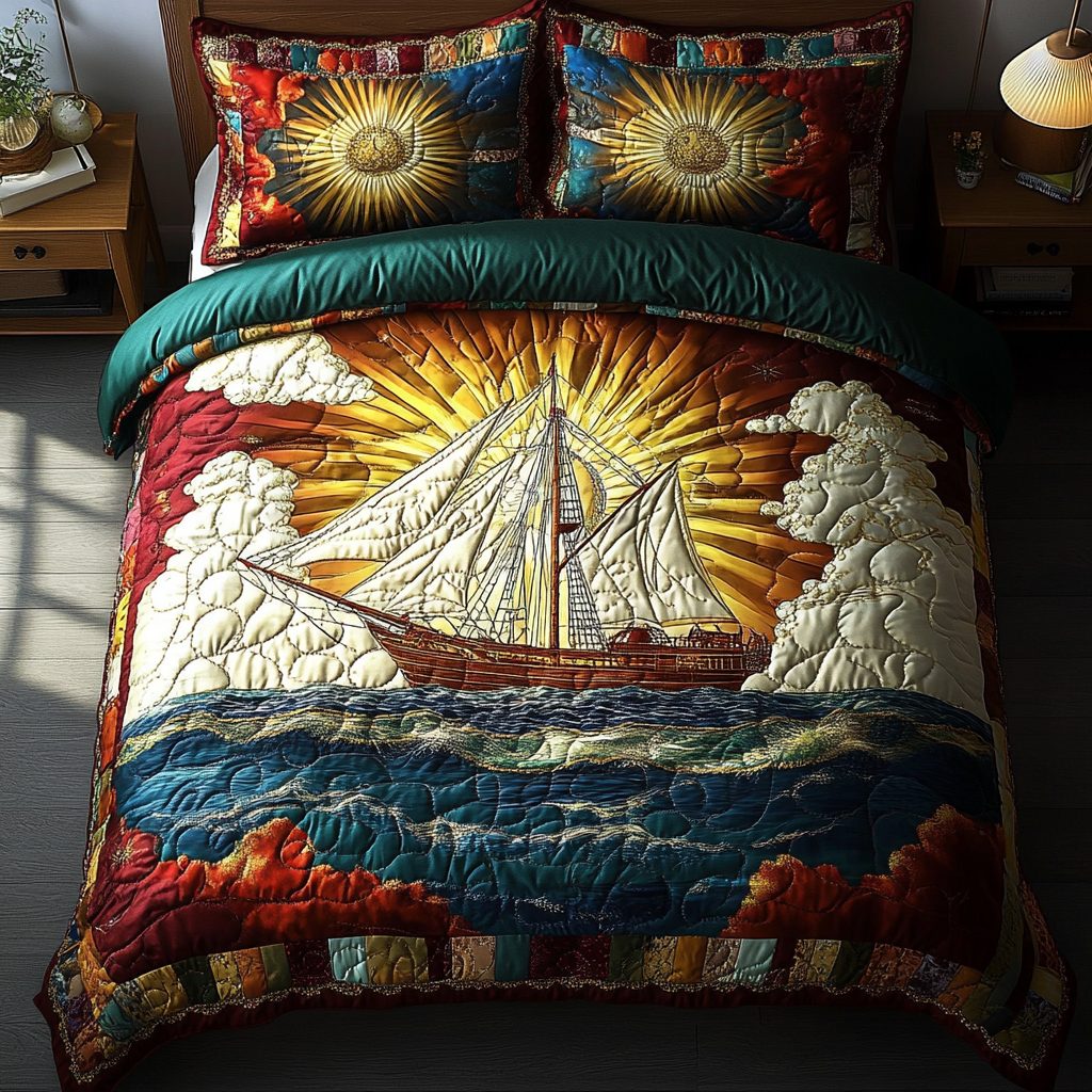 Sailboat Breeze quilted 3-piece bedding set on a made bed with two matching pillow shams
