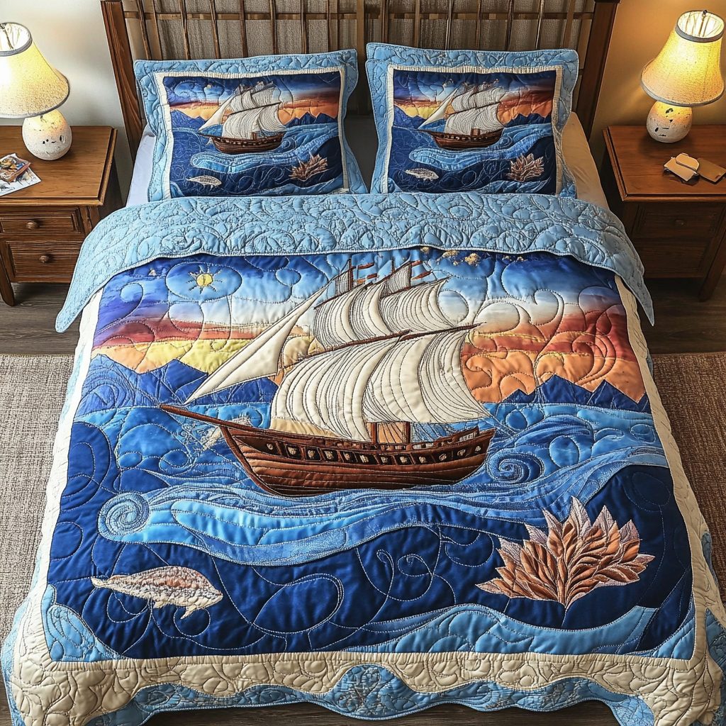 Sailboat Escape quilted 3-piece bedding set on a made bed with two matching pillow shams