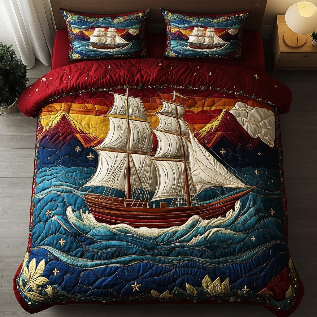 Sailboat Horizon quilted 3-piece bedding set on a made bed with two matching pillow shams
