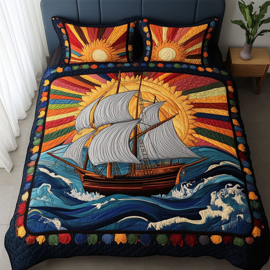 Sailing Serenity quilted 3-piece bedding set on a made bed in a light coastal bedroom