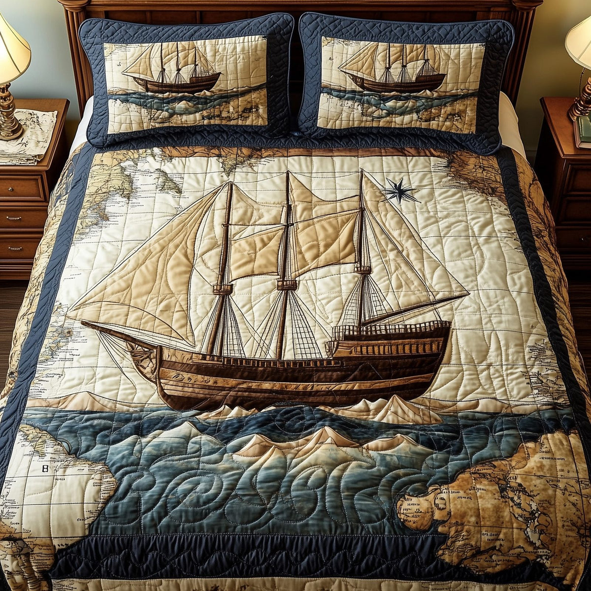 Sailing Through Time quilted 3-piece bedding set on a made bed in a light coastal bedroom