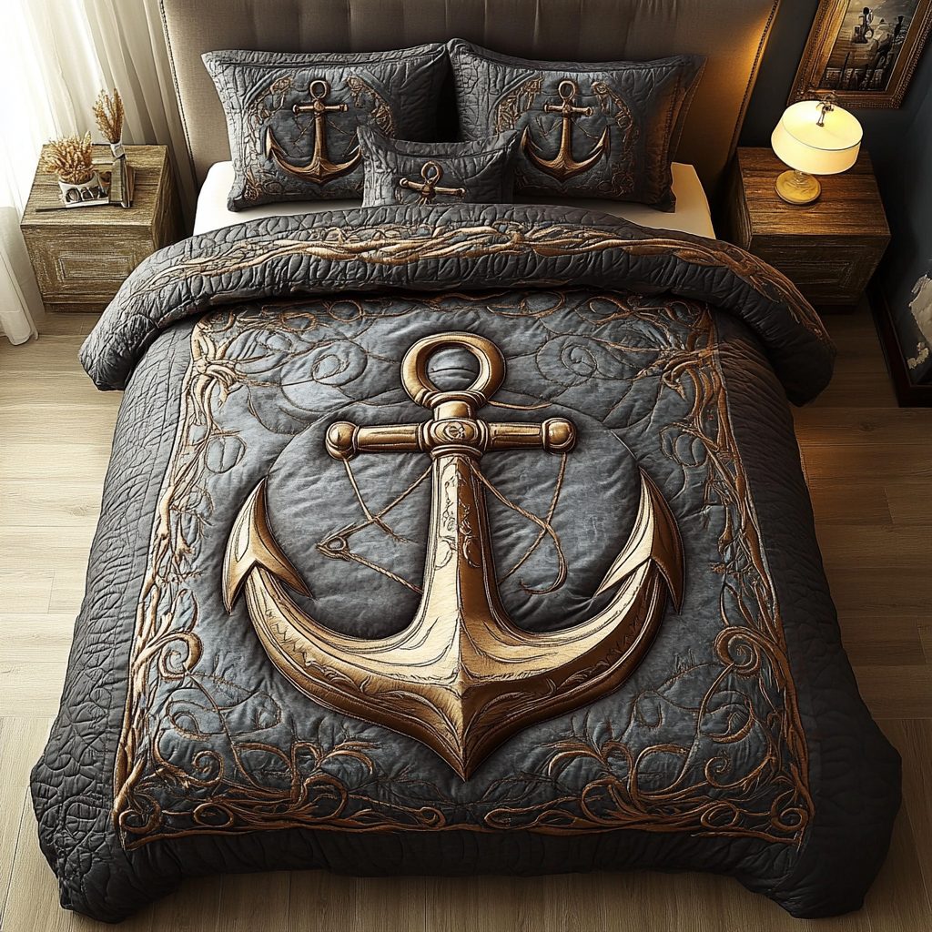 Sailor Anchor quilted 3-piece bedding set on a made bed in a light coastal bedroom