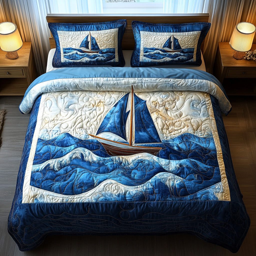 Sailor Compass quilted 3-piece bedding set on a made bed with two matching pillow shams