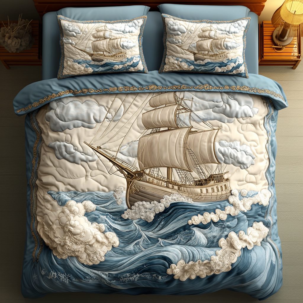 Sailor Dream quilted 3-piece bedding set on a made bed with two matching pillow shams