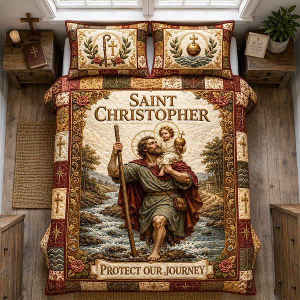Saint Christopher Protector quilted 3-piece bedding set on a made bed in a softly lit bedroom