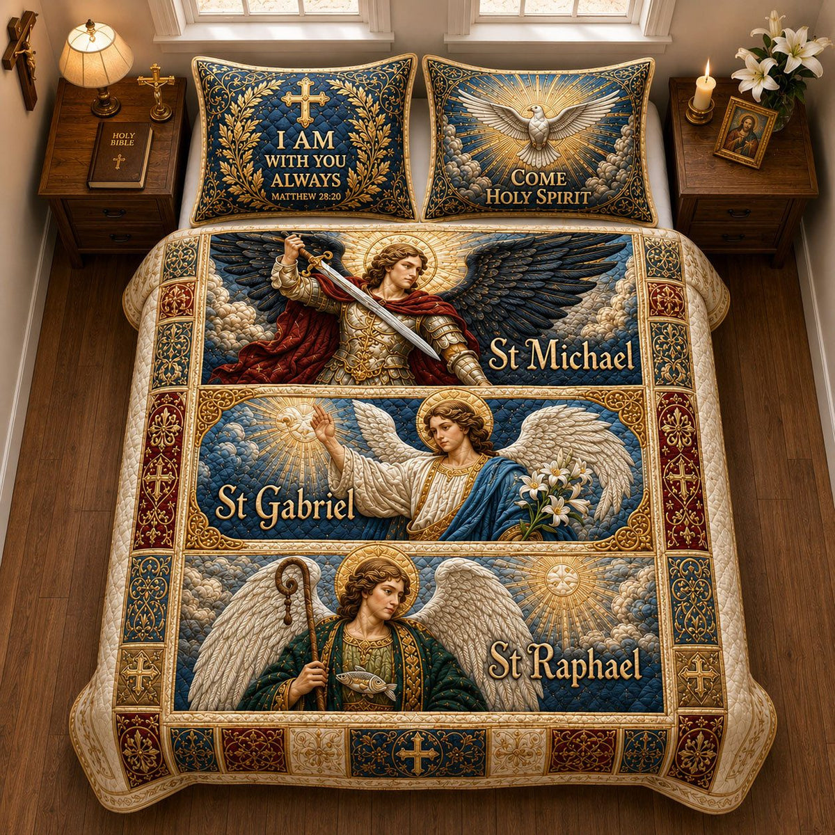 Saint Michael Gabriel And Raphael quilted 3-piece bedding set on a made bed with two matching pillow shams