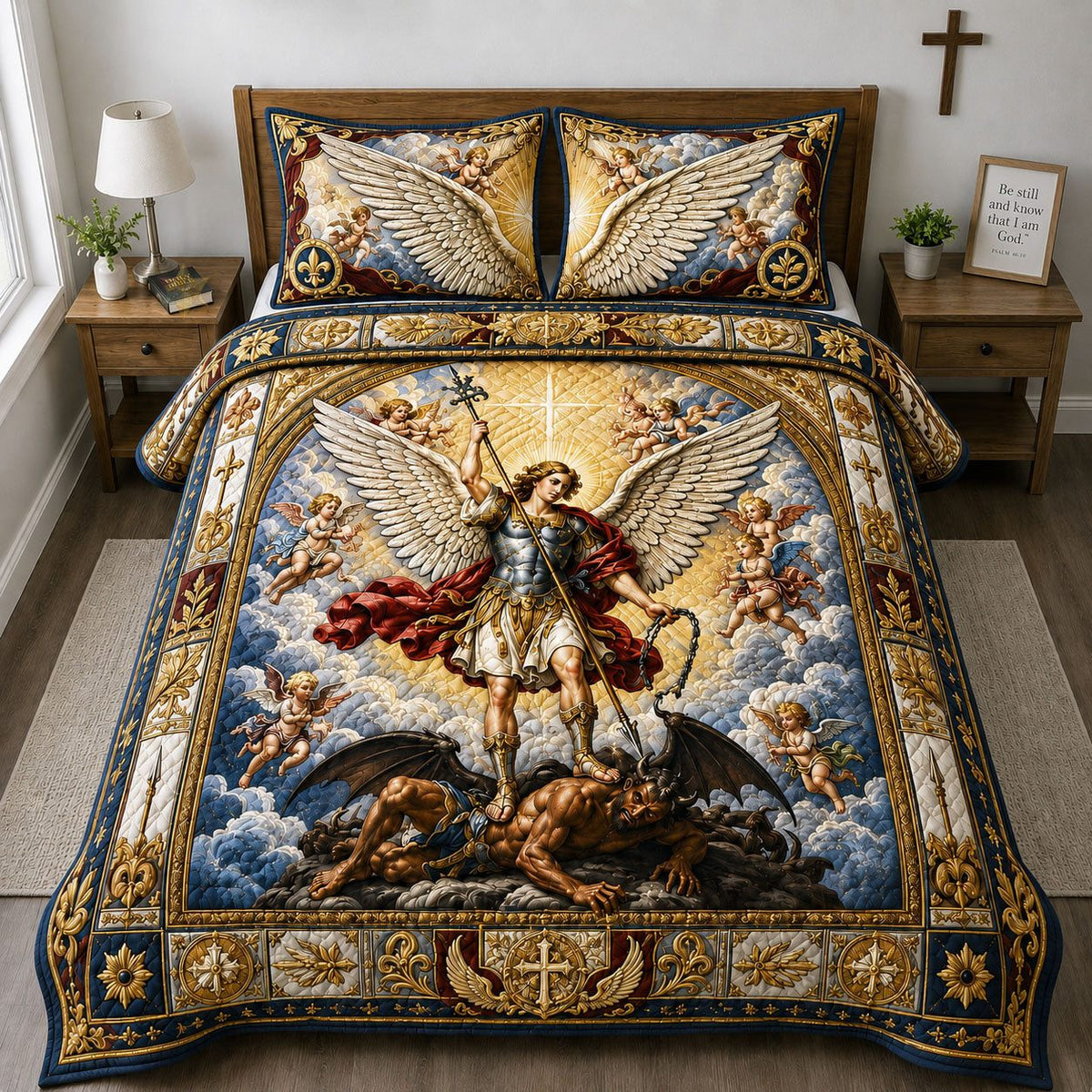 Saint Michael Heavenly Victory quilted 3-piece bedding set on a made bed in a softly lit bedroom