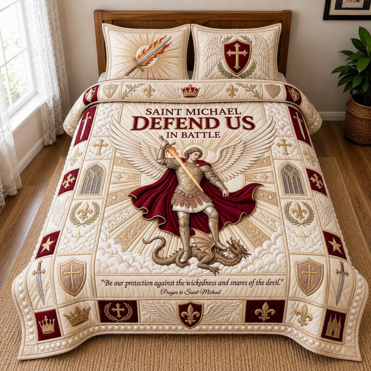 Saint Michael quilted 3-piece bedding set on a made bed with two matching pillow shams