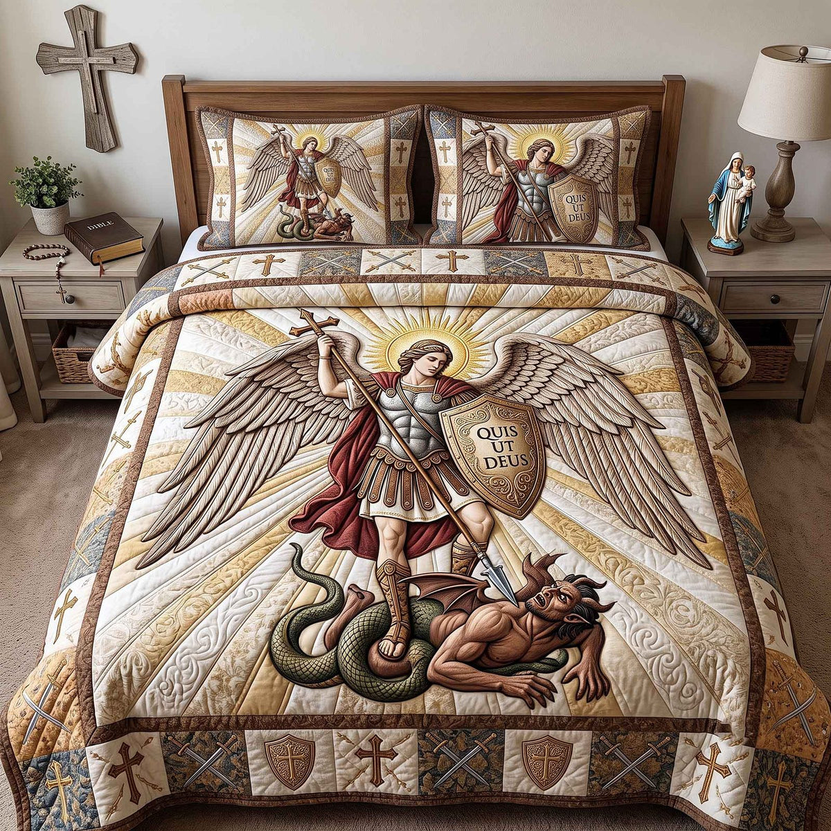Saint Michael quilted 3-piece bedding set on a made bed with two matching pillow shams