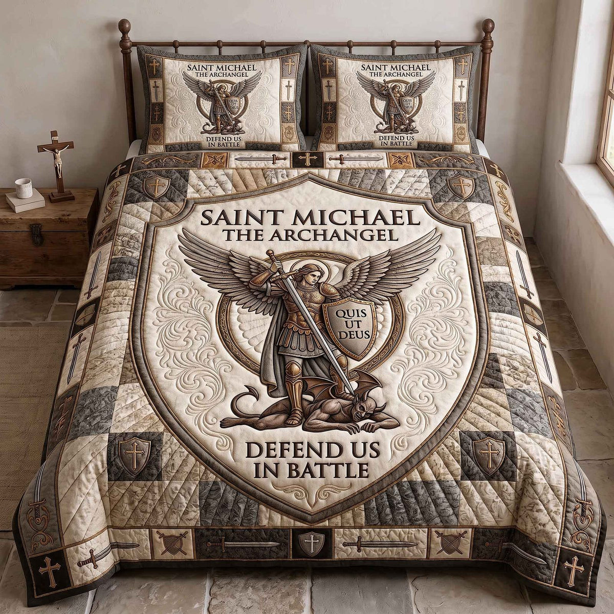 Saint Michael quilted 3-piece bedding set on a made bed with two matching pillow shams