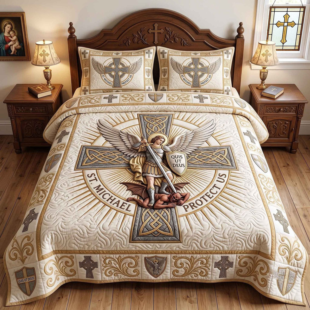 Saint Michael quilted 3-piece bedding set on a made bed with two matching pillow shams