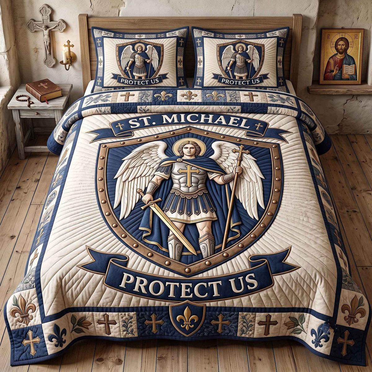 Saint Michael quilted 3-piece bedding set on a made bed with two matching pillow shams