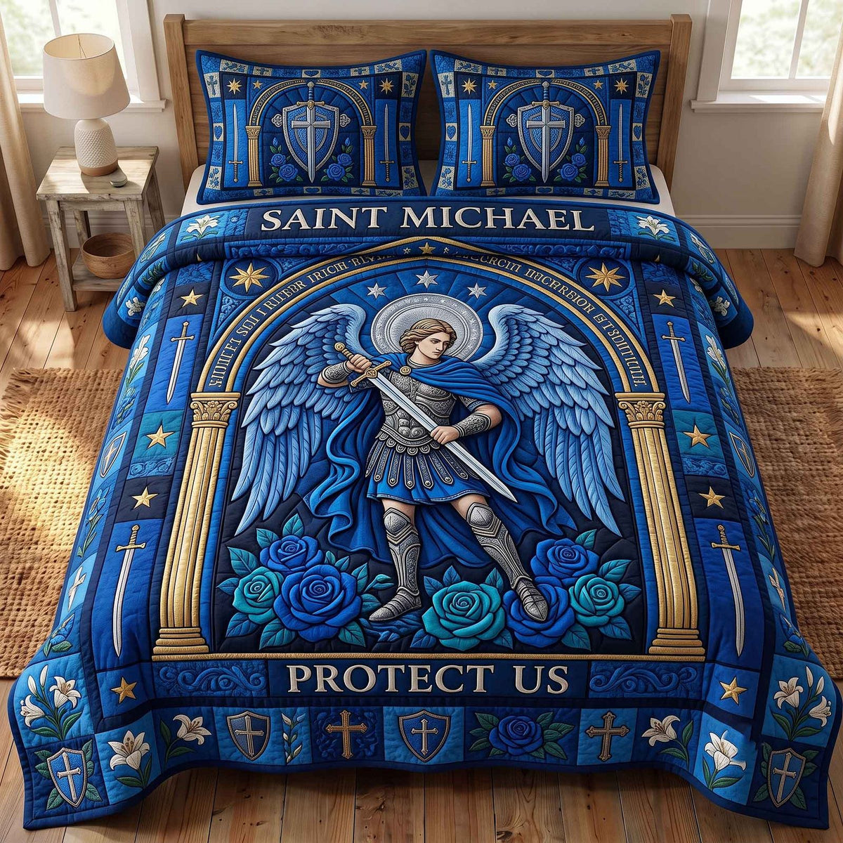 Saint Michael quilted 3-piece bedding set on a made bed with two matching pillow shams