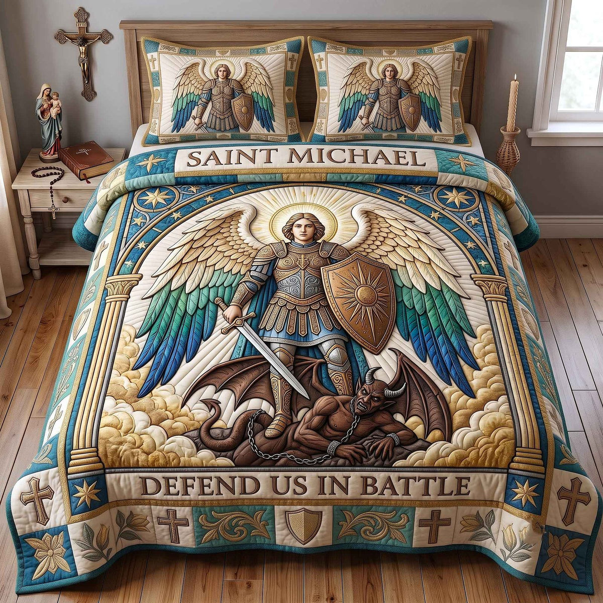 Saint Michael quilted 3-piece bedding set on a made bed with two matching pillow shams