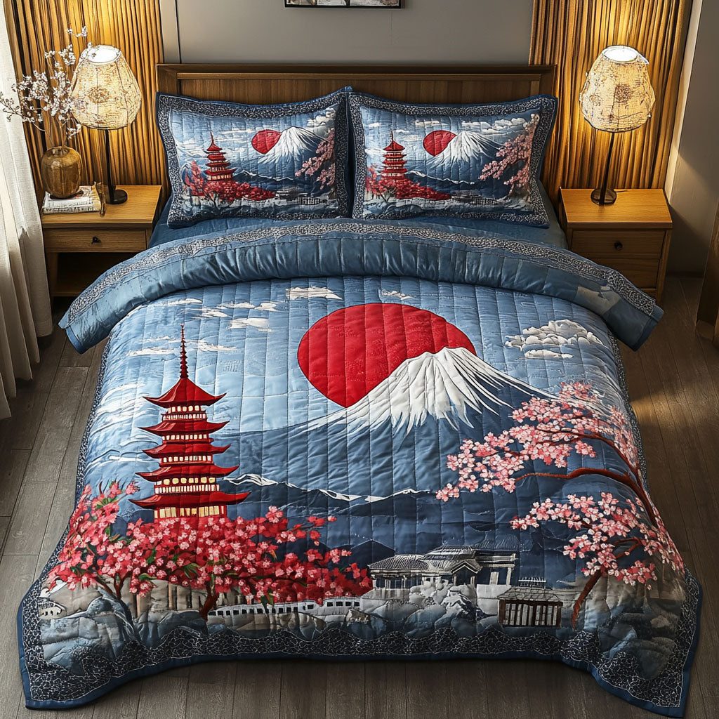 Sakura View quilted 3-piece bedding set on a made bed with two matching pillow shams