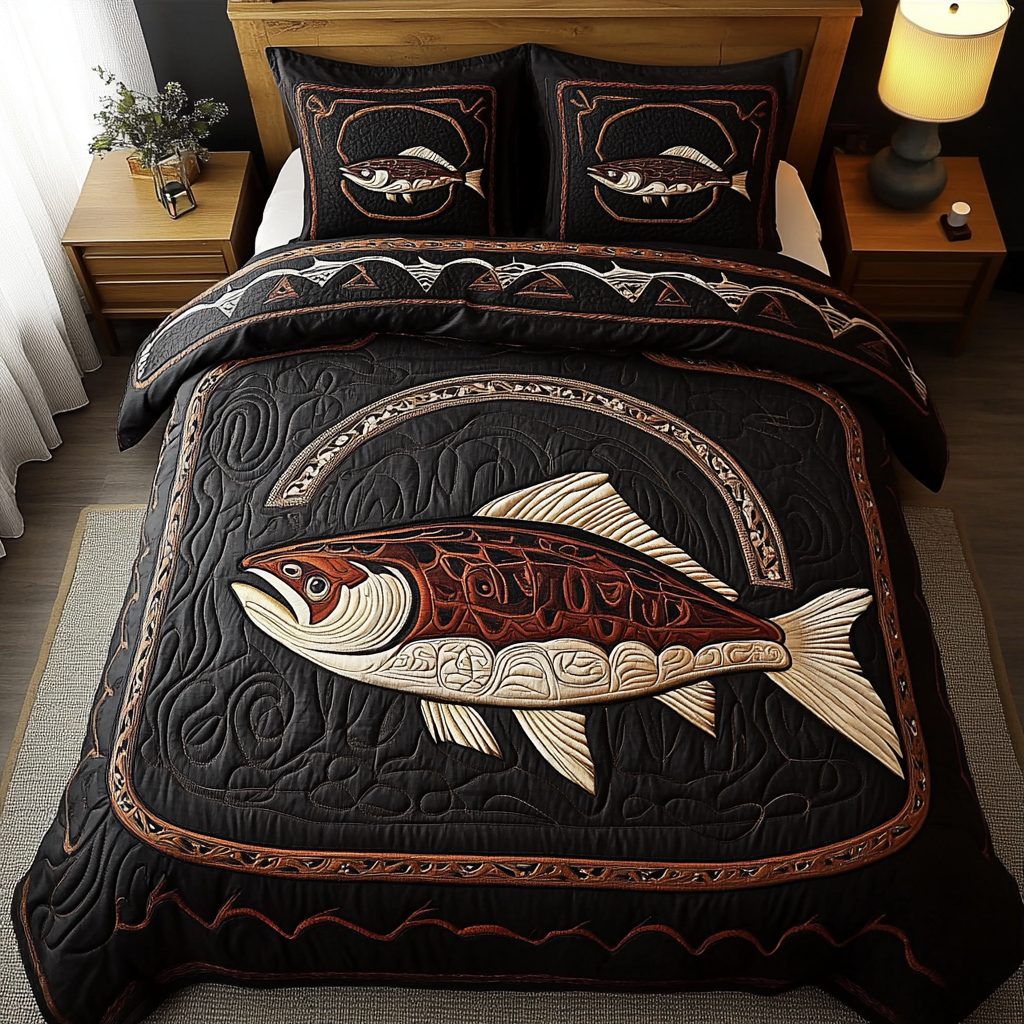 Salmon Journey quilted 3-piece bedding set on a made bed with two matching pillow shams