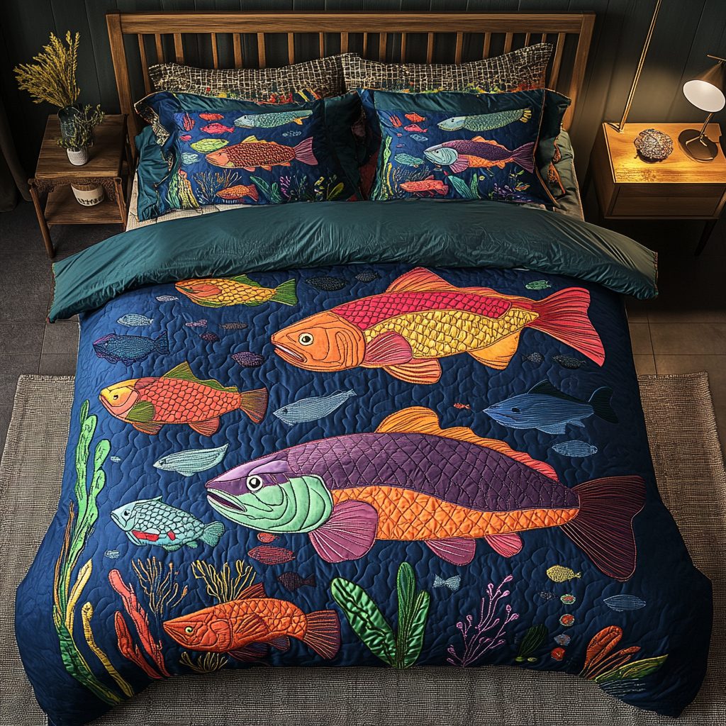 Salmon Stream quilted 3-piece bedding set on a made bed with two matching pillow shams