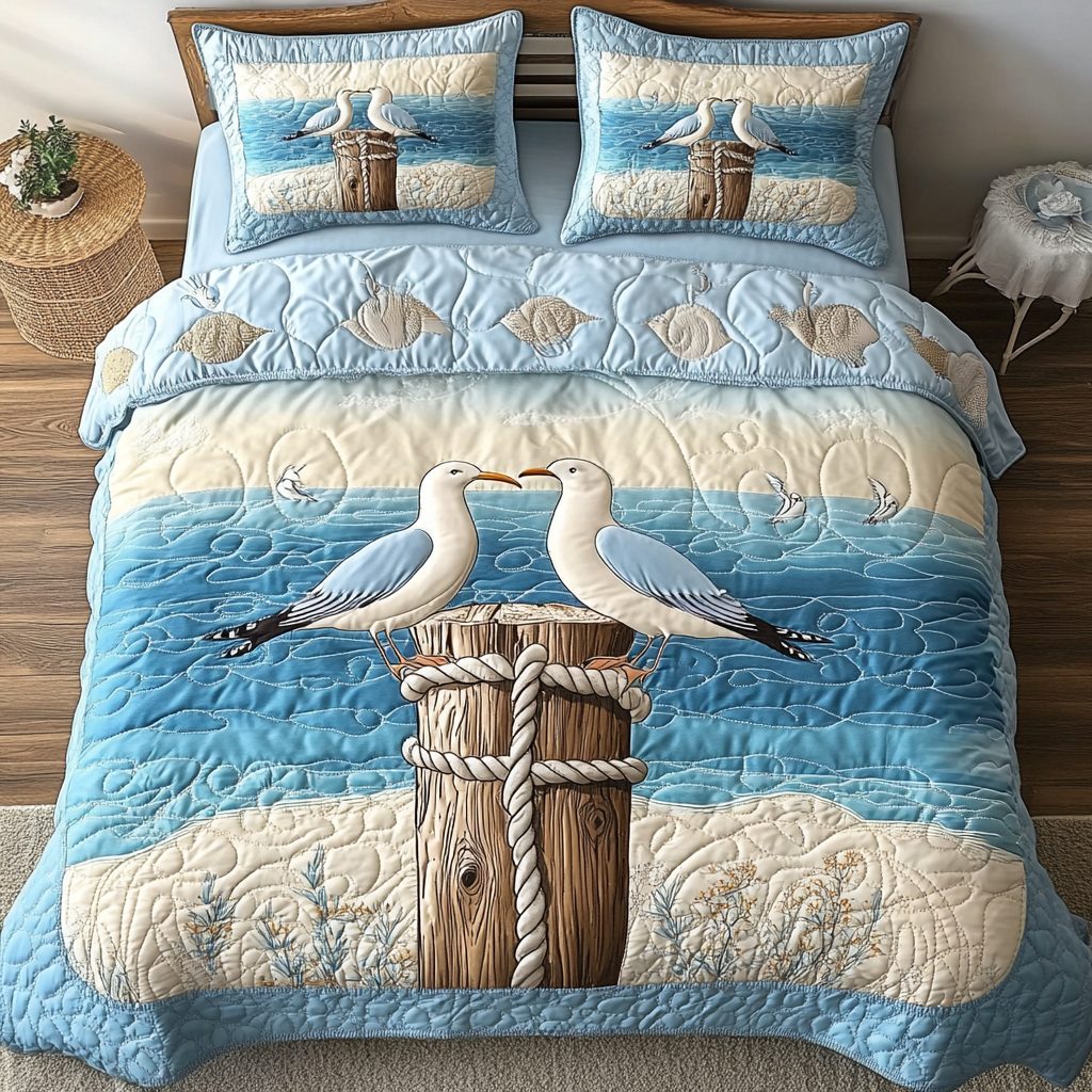 Salt Air quilted 3-piece bedding set on a made bed with two matching pillow shams