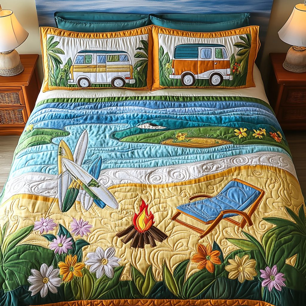 Salt Escape quilted 3-piece bedding set on a made bed with two matching pillow shams
