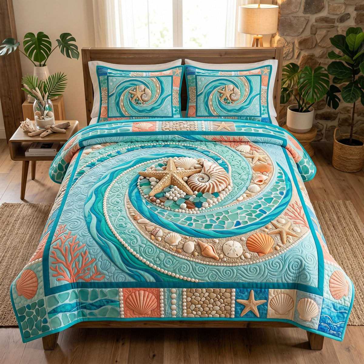 Salt Whisper quilted 3-piece bedding set on a made bed with two matching pillow shams