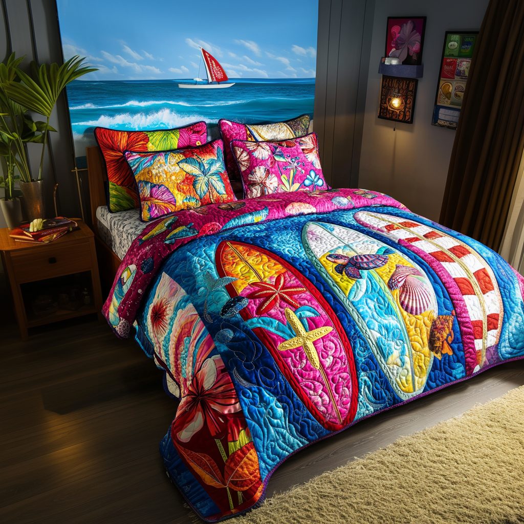 Salty Air quilted 3-piece bedding set on a made bed with two matching pillow shams