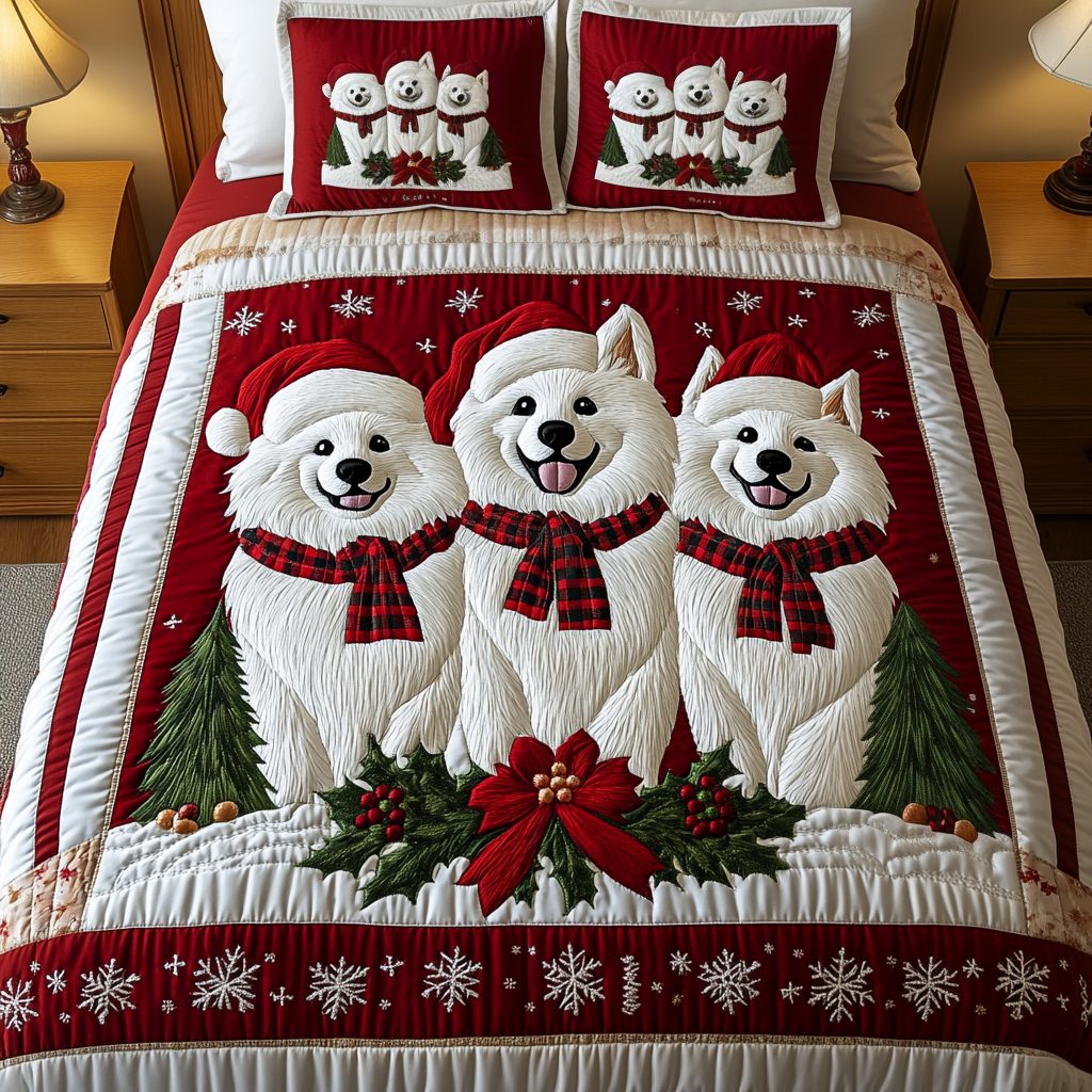 Samoyed Magic quilted 3-piece bedding set on a made bed with two matching pillow shams