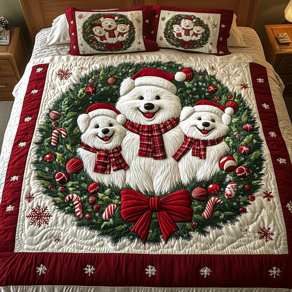 Samoyed Whimsy quilted 3-piece bedding set on a made bed with two matching pillow shams