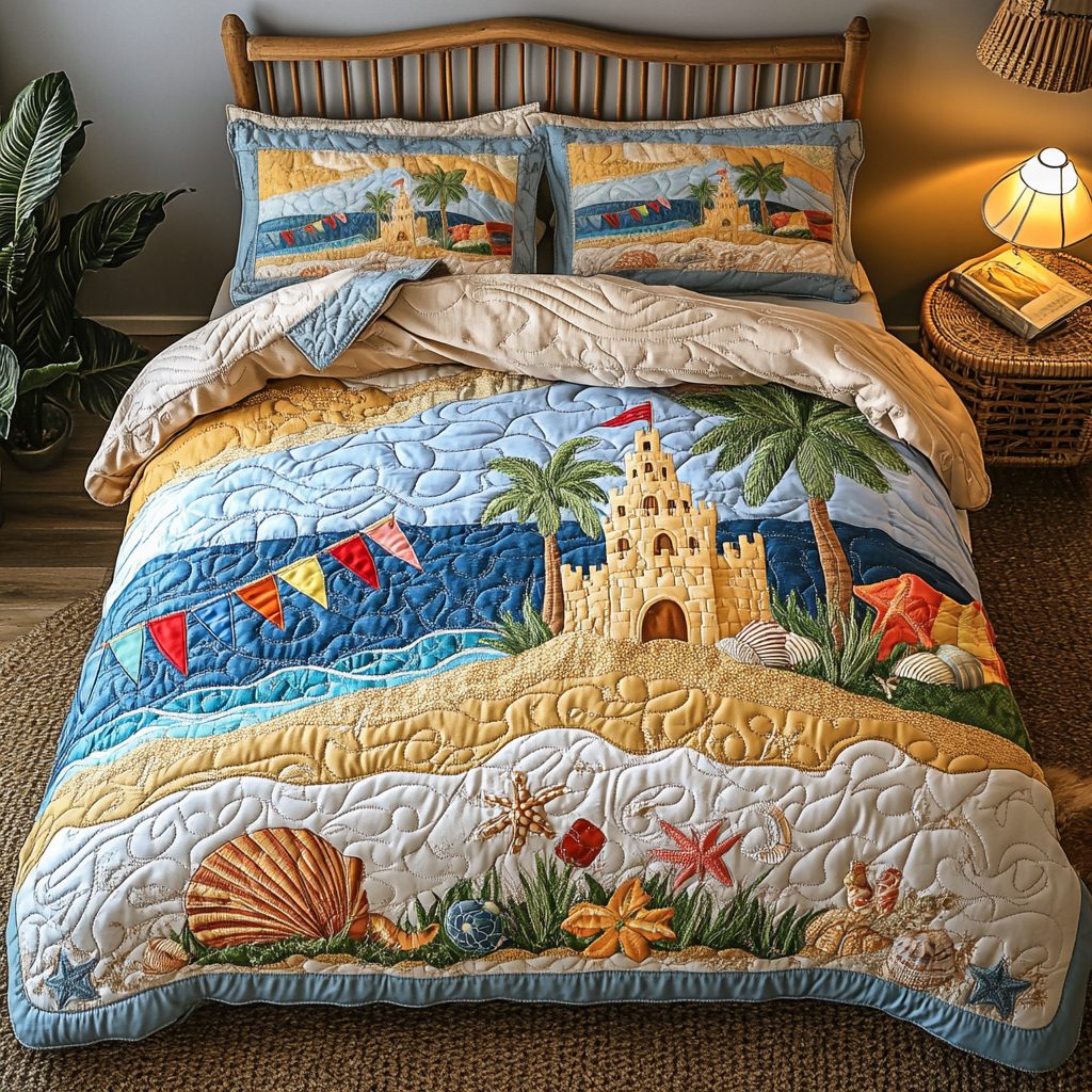 Sand Dreams quilted 3-piece bedding set on a made bed with two matching pillow shams