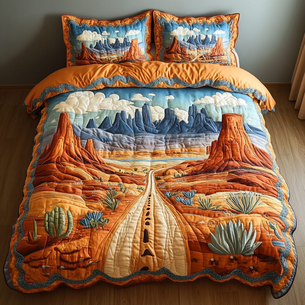 Sand Dunes quilted 3-piece bedding set on a made bed with two matching pillow shams