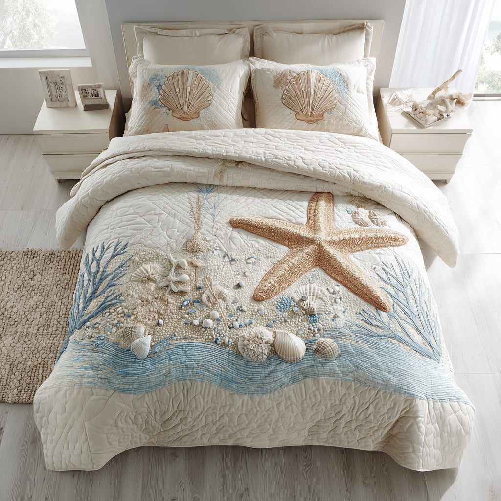 Sandy Ocean Bed quilted 3-piece bedding set on a made bed in a light coastal bedroom