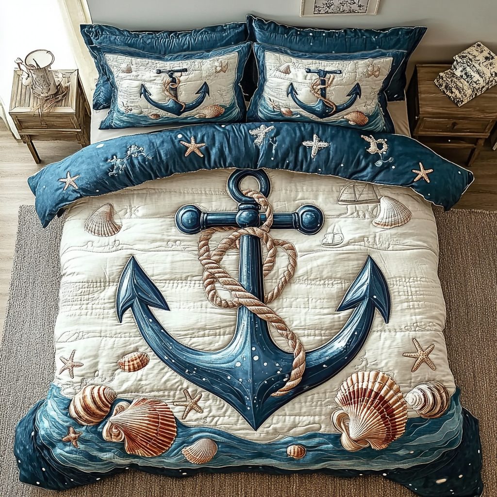 Sandy Serenity quilted 3-piece bedding set on a made bed with two matching pillow shams
