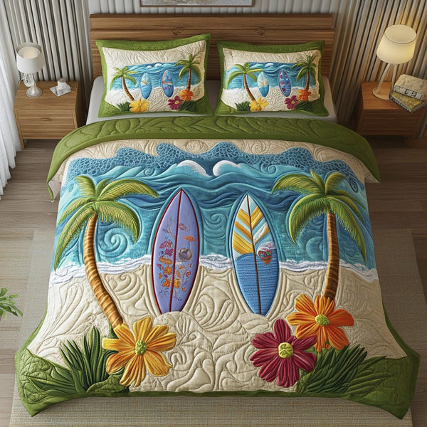 Sandy Shores quilted 3-piece bedding set on a made bed in a light coastal bedroom